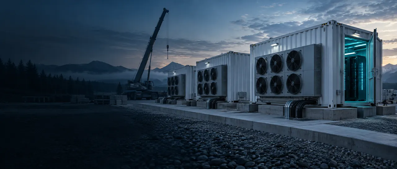 Container-Rechenzentrum aus drei Modulen mit Rückkühlern auf einem Schotterplatz; ein Modul ist geöffnet und zeigt die Serverschränke, im Hintergrund ein Autokran