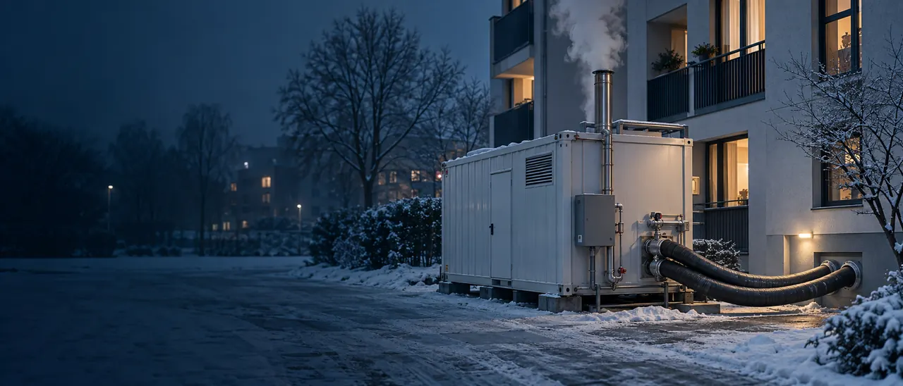 Mobile Heizzentrale im Container vor einem Wohnhaus im Winter, über Schläuche angeschlossen, aus dem Abgasrohr steigt Dampf