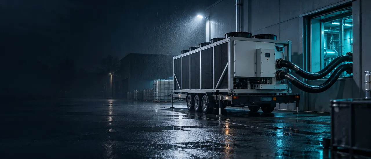 Mobile Kältemaschine auf einem Anhänger bei Nacht und Regen, über gedämmte Schläuche an ein Technikgebäude angeschlossen