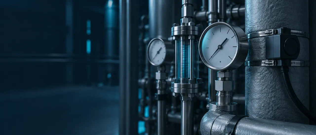 Manometer und Schauglas an Rohrleitungen einer Kältezentrale, rechts ein Messfühler an einer gedämmten Leitung