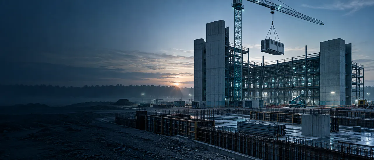 Rechenzentrums-Baustelle im Morgenlicht: Betonkerne und Stahlskelett, ein Kran hebt ein Technikmodul ein