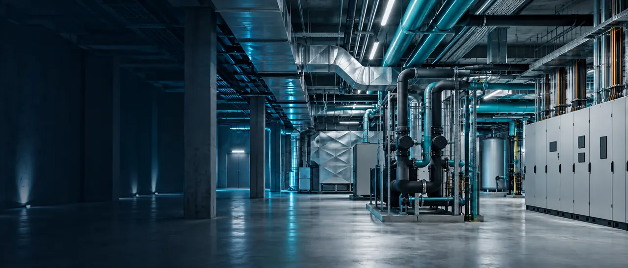 Technikgeschoss eines Rechenzentrums: Pumpen und Rohrleitungen der Kälteversorgung, Lüftungskanäle unter der Decke und rechts eine Reihe Schaltschränke